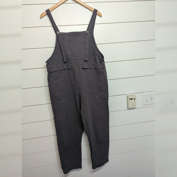 Linen Cotton Blend Grey Overalls Jumpsuit Flowy Spring Layering Size Medium - Picture 2 of 5